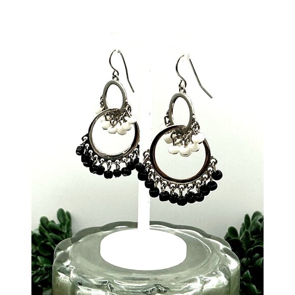 Vintage inspired Black & White Beaded Dangle Earrings With Silver-Tone - Picture 3 of 5